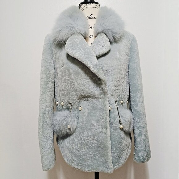 New Toscana Merino Sheepskin Shearling Coat Jacket Blazer Lamb Ice Blue Fox Fur - Picture 1 of 5